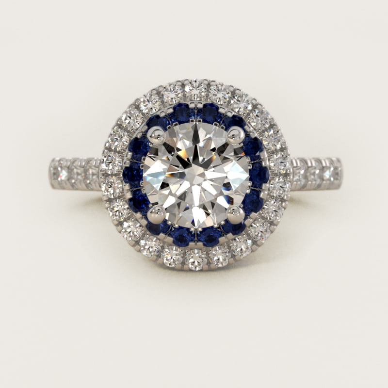 Sapphire and Diamond Double Halo Engagement Ring in 18k White Gold (1/2 ct. tw.)