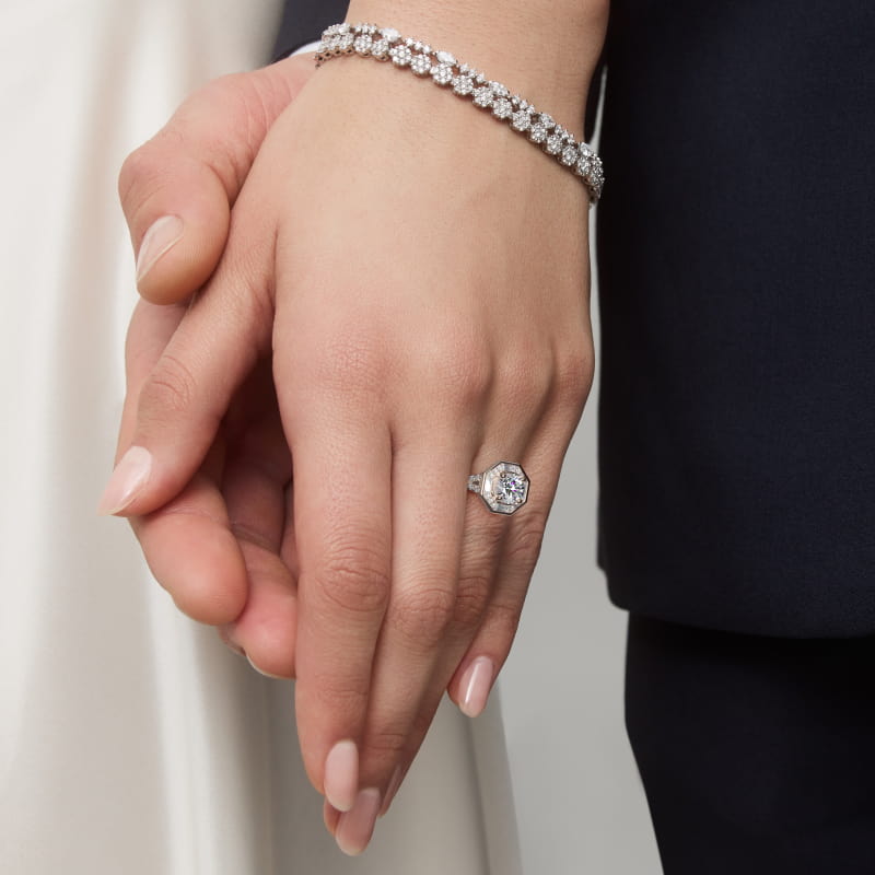 Art Deco Hexagon Halo Diamond Engagement Ring in 14k White Gold (3/4 ct. tw.) By Zac Zac Posen