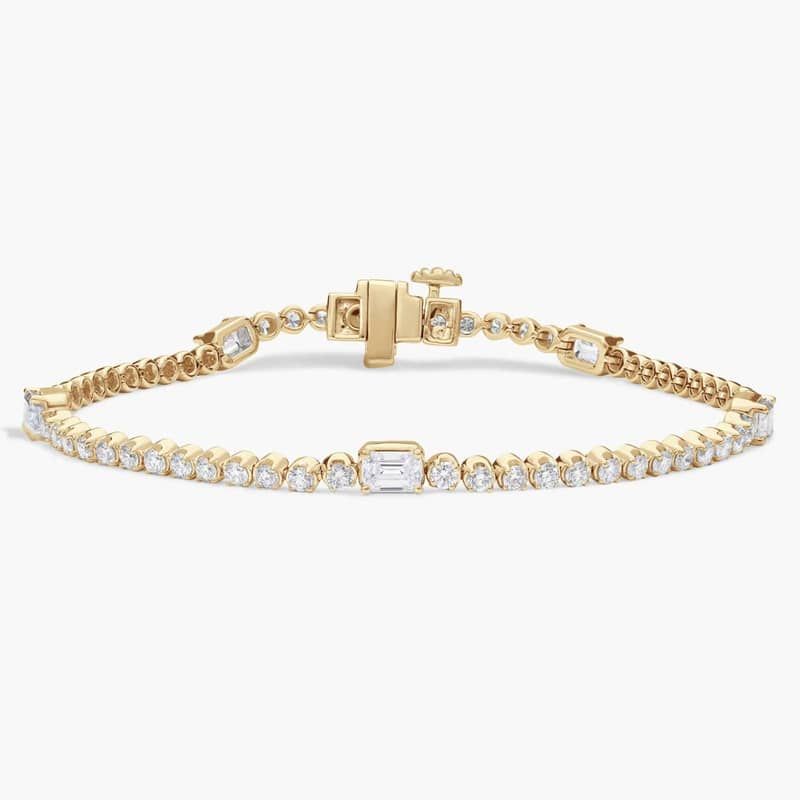 Diamond Tennis Bracelet with 3 CTW Emerald and Round Cut Lab-Grown Diamonds in 14K Yellow Gold