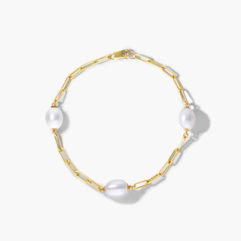 Freshwater Cultured Pearl Station Paperclip Bracelet In 14K Yellow Gold