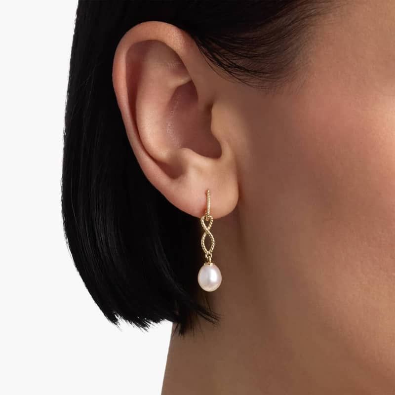 Freshwater Cultured Pearl Earrings with Infinity Twist Drop in 14k Yellow Gold (7.5-8mm)