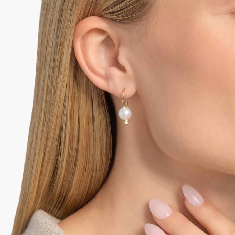 White Freshwater Pearl Drop Earrings with Diamonds in 14k Yellow Gold