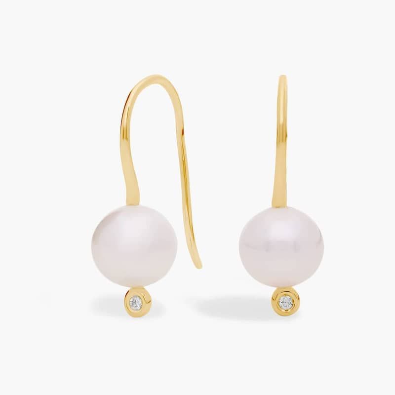 White Freshwater Pearl Drop Earrings with Diamonds in 14k Yellow Gold