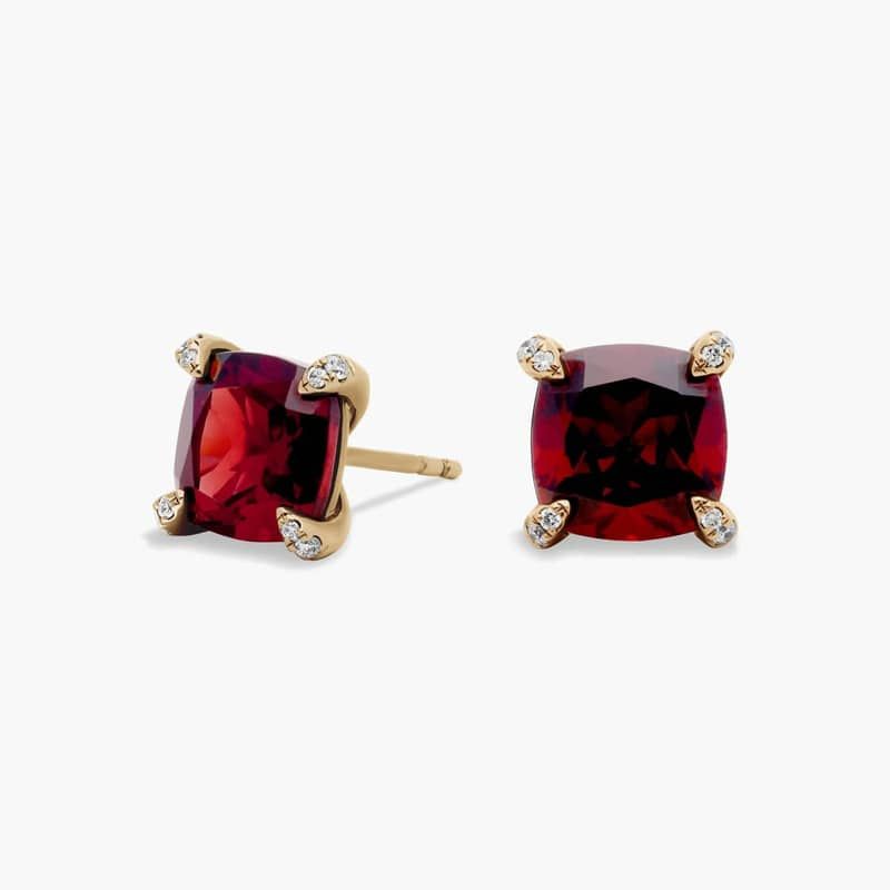 Cushion Cut Garnet and Diamond Accent Earrings in 14k Yellow Gold (7mm)