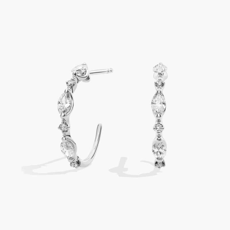 Marquise and Round Alternating Diamond J-Hoop Earrings in 14K White Gold