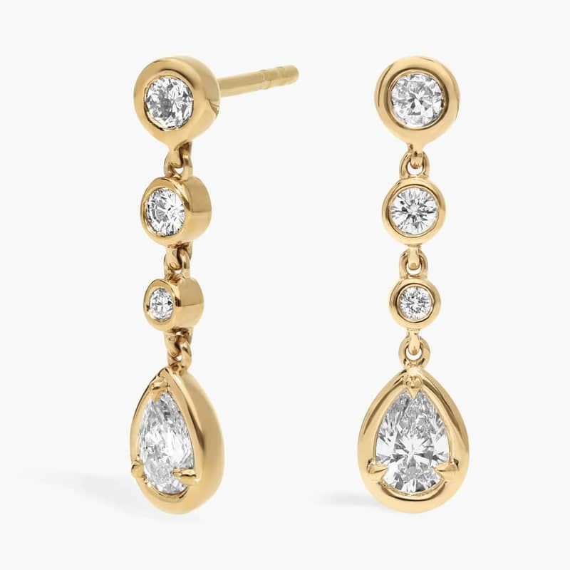 Diamond Drop Earrings with 0.5 CTW Round and Pear Shaped Lab-Grown Diamonds in 14K Yellow Gold Bezel Setting