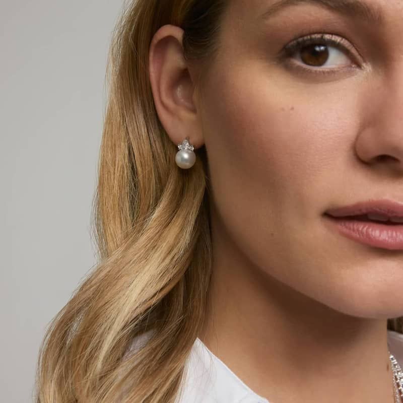 Pearl and Diamond Cluster Stud Earrings with Pear and Round Diamonds in 14K White Gold