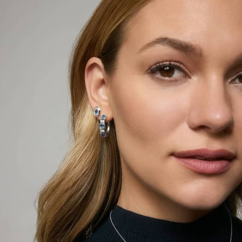 Oval Cut Blue Sapphire and Pavé Diamond Stud Earrings In 14K White Gold