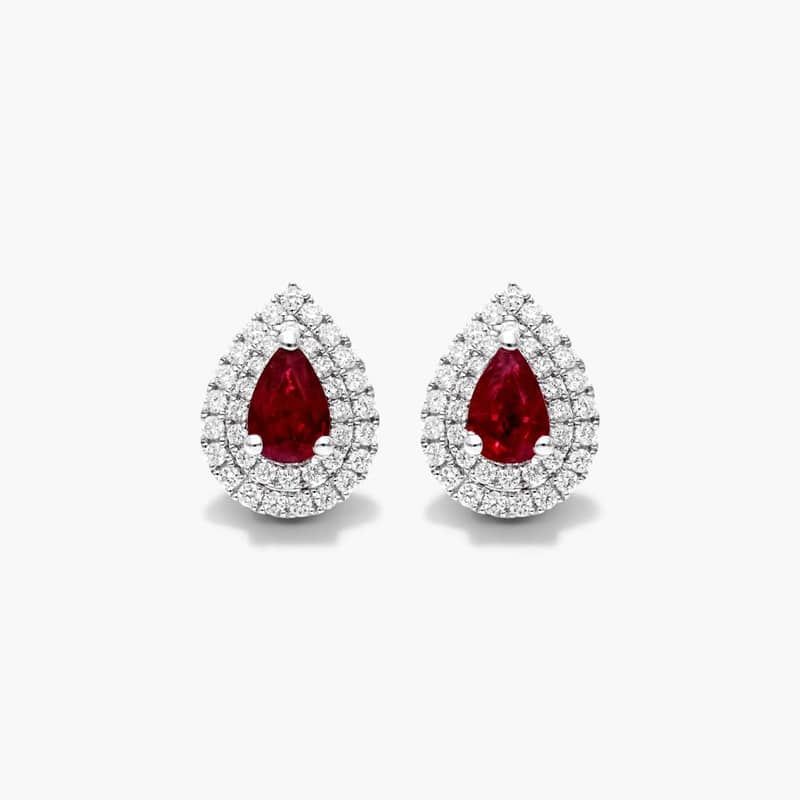 Pear Shape Ruby And Diamond Double Halo Earrings In 18K White Gold By James Allen