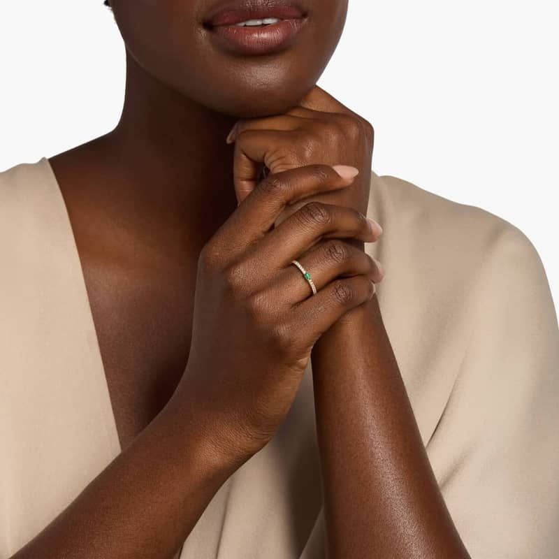 Baguette Emerald and Diamond Pavé Stacking Ring in 14k Yellow Gold (3.5x2mm)