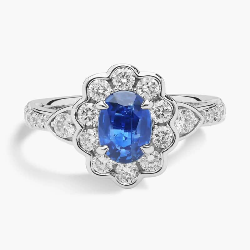 Sapphire and Diamond Floral Ring in 14k White Gold (7x5mm)