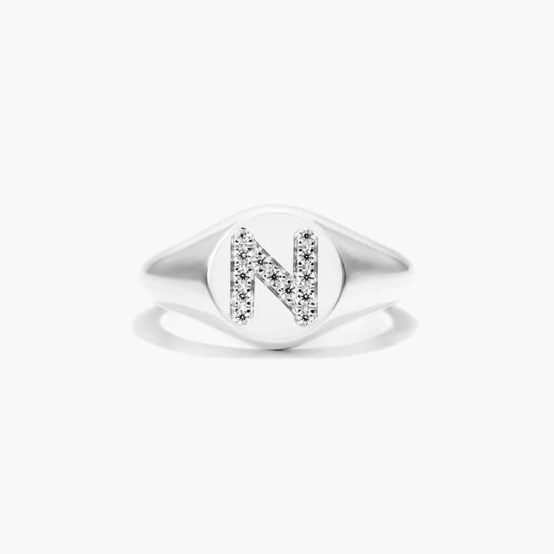 Diamond N Initial Signet Ring In 14K White Gold