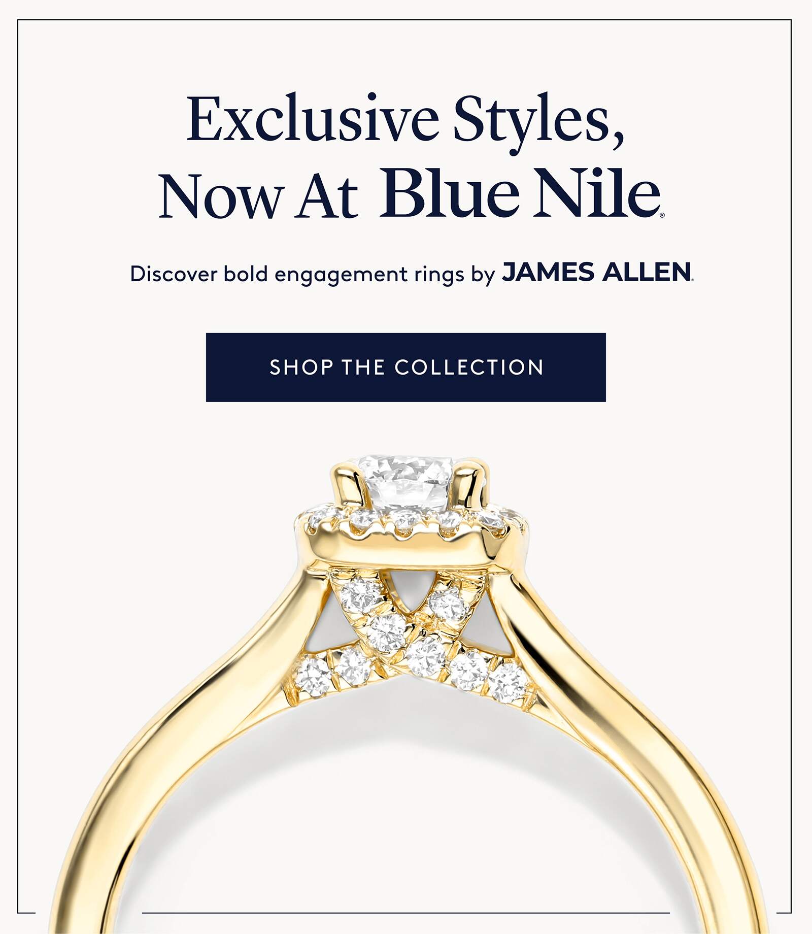 Gold engagement ring with a diamond halo and pavé setting, featuring exclusive James Allen styles now at Blue Nile.